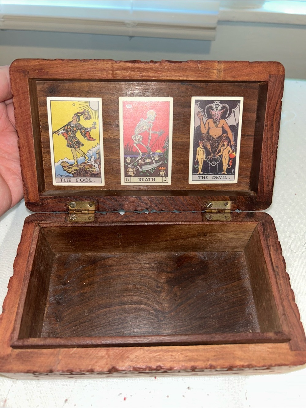 Wooden Triple Moon Death Tarot Keepsake Box with Decorative Tarot Panels - Brown
